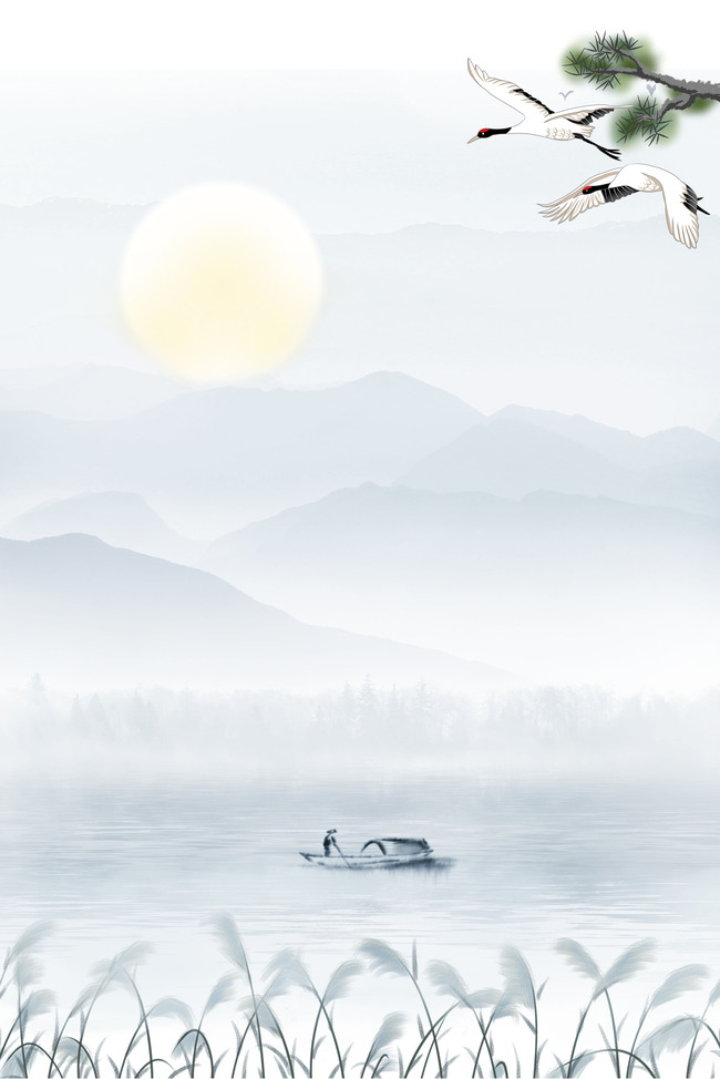 白露节气清晨风景白色中国风背景海报图片