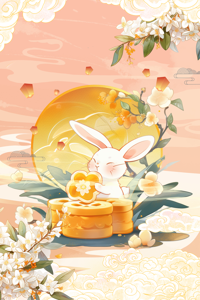 中秋节兔子月饼橘色古风传统节日中秋享团圆图片