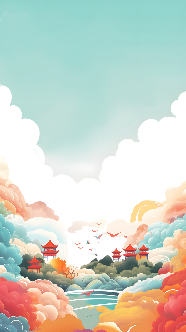 中国风传统祥云建筑山水边框背景图片