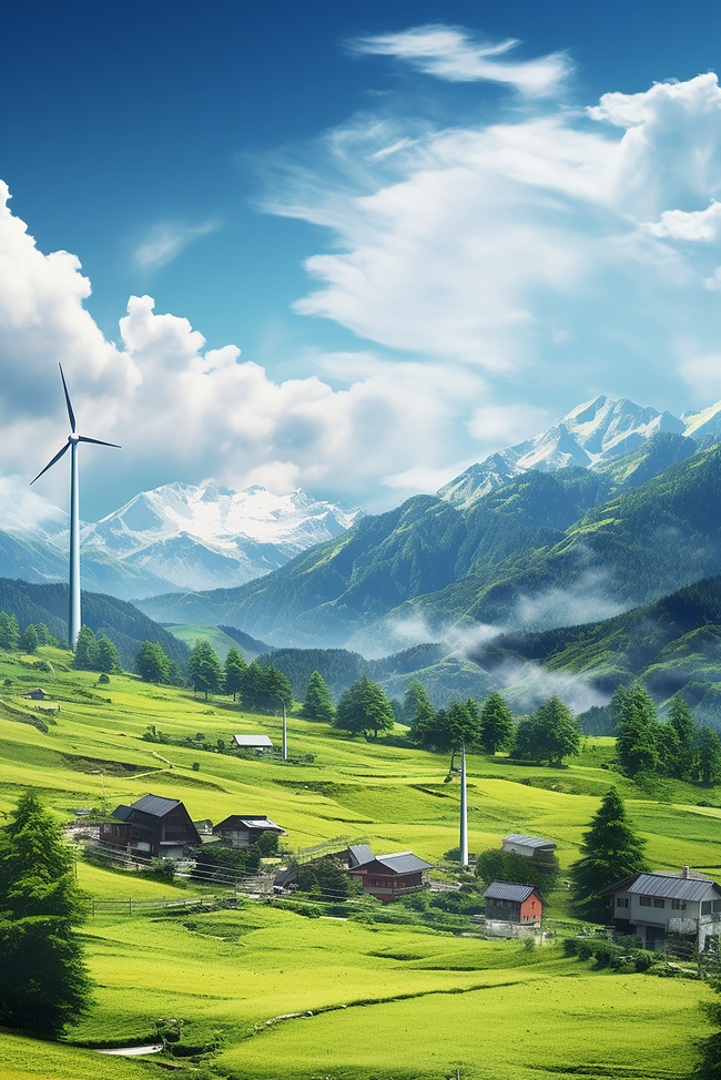 环保节能风力发电机绿色乡村背景图片