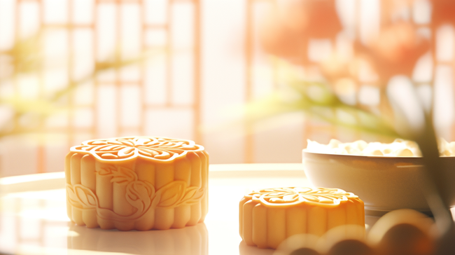 暖色光中秋节传统中式月饼背景图片