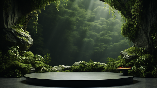 绿色系3D空间森林木桩电商空镜展示台图片