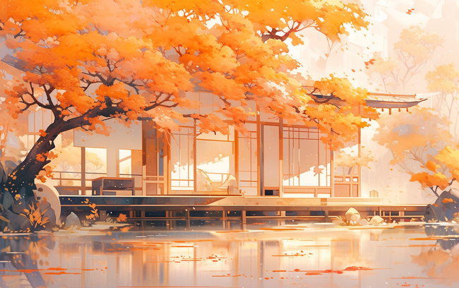 秋天橙红色中国风庭院电商空镜场景背景图片