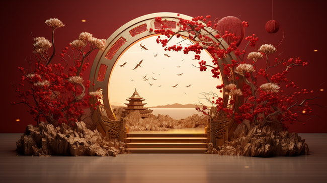 中国风金红色圆拱门戏台背景2图片