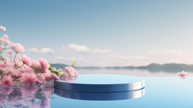 水面上花朵围绕的3D美妆化妆品电商展台图片