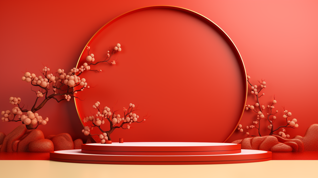 C4D中国红梅花装饰的电商展示台背景3图片