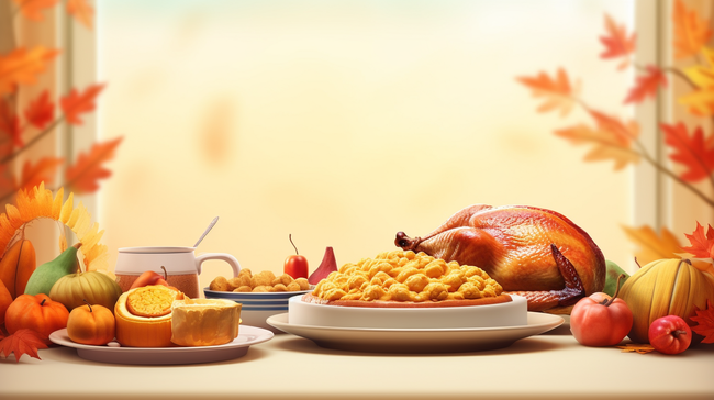 一桌丰盛的烤火鸡美食感恩节背景1图片