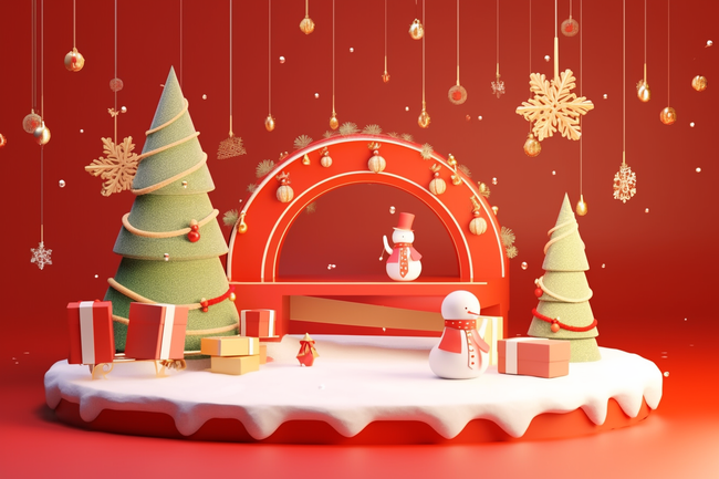 圣诞节3d展台背景礼盒松树图片