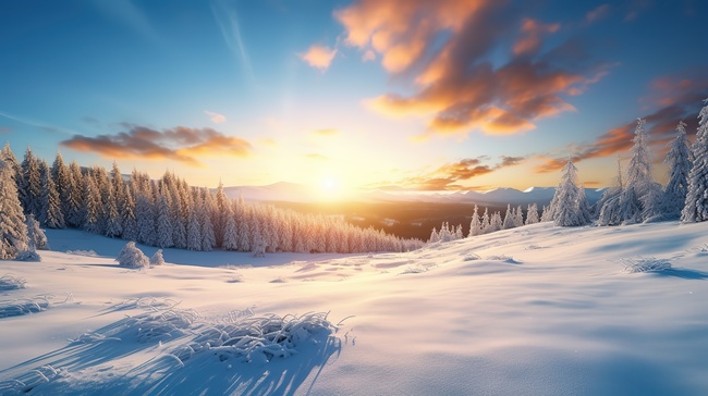 日出阳光照在雪地森林6设计图片