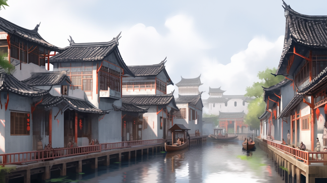 烟雨朦胧江南古镇建筑插画22背景图图片