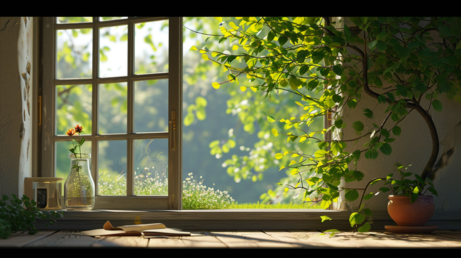 绿色花卉破旧窗台简约背景图17图片