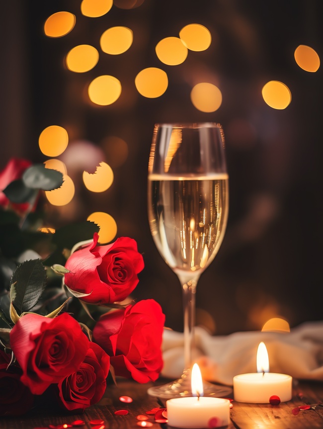 玫瑰和香槟庆祝情人节设计图图片