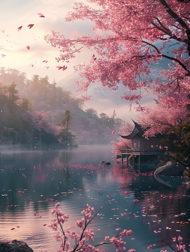 春天美丽的桃花林湖泊背景图片图片