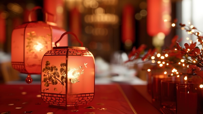 桌子上的红色灯笼新年背景图图片
