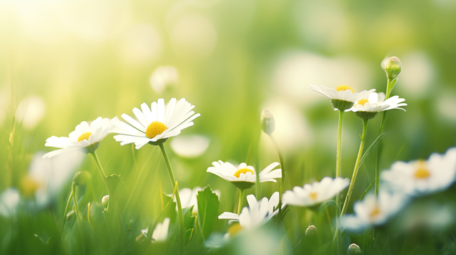 春天阳关下草坪上小白花盛开的背景2图片