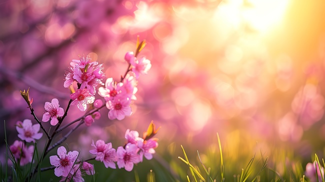 粉红色的樱花盛开在春天背景素材图片