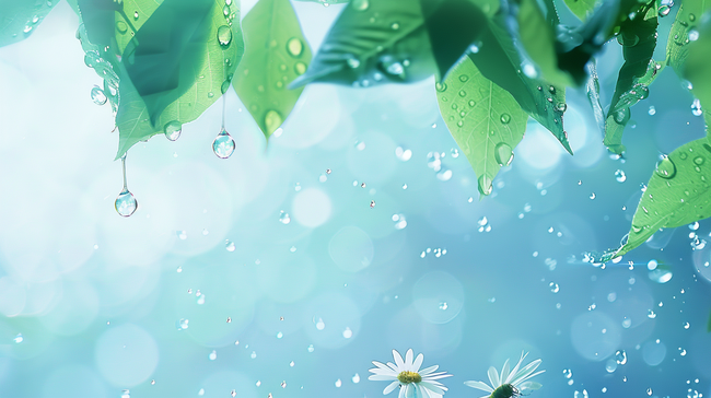 清新春天雨中的枝叶花朵背景图片