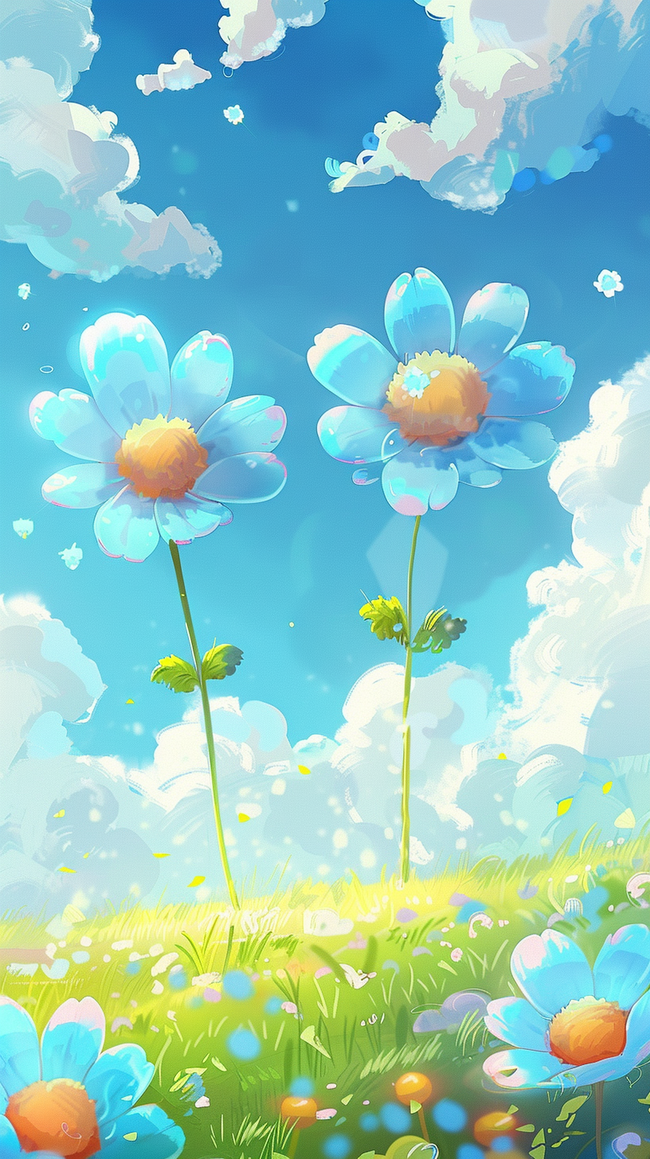 可爱风春天3D蓝色玻璃质感大花朵背景图片