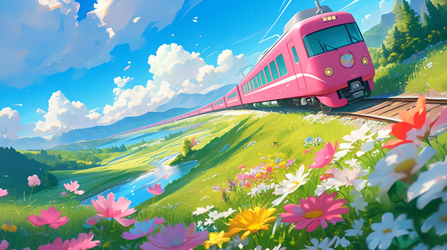 春日出游花田里的粉色列车设计图片