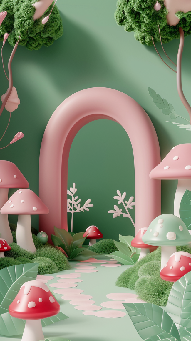 春天3D可爱卡通蘑菇母婴电商展台设计图图片