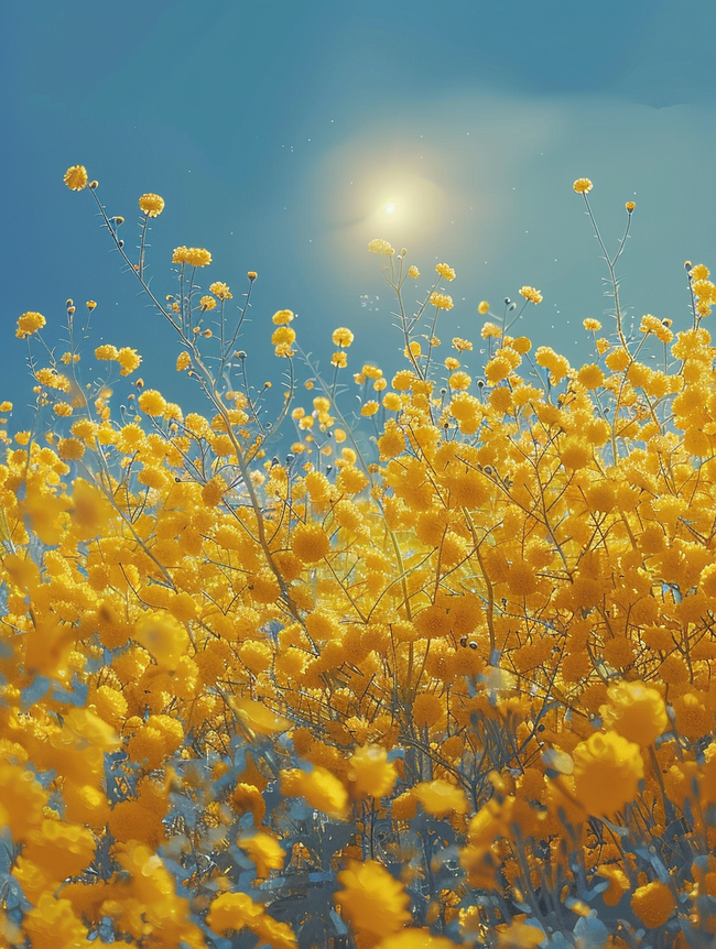 蓝天白云下户外黄色花朵花丛的背景图片