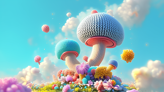 春天可爱卡通毛线蘑菇童话蘑菇屋素材图片