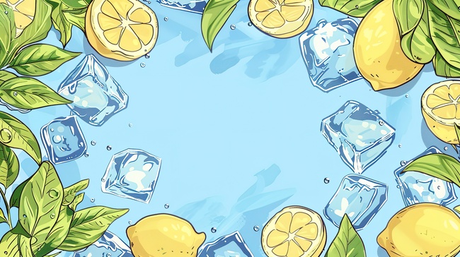 柠檬冰块绿叶边框背景素材图片