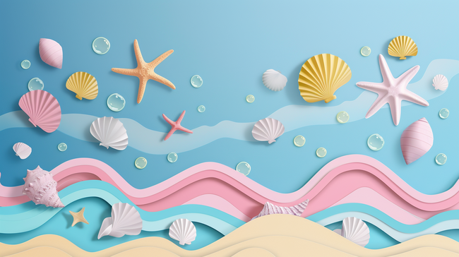 清新夏天促销场景3D海滩海星波浪背景图图片