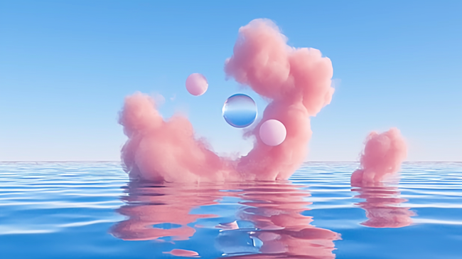 清凉夏天海平面上的粉色云朵电商空镜设计图片