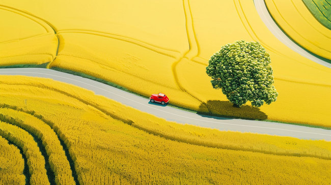 油菜花汽车公路合成创意素材背景图片