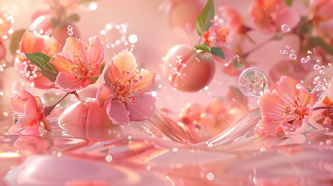 桃花桃子水面合成创意素材背景图片