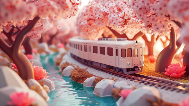 樱花列车模型合成创意素材背景图片