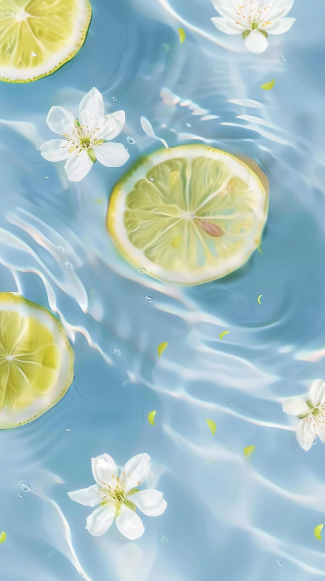 夏日清凉水面上的柠檬片和花朵设计图片