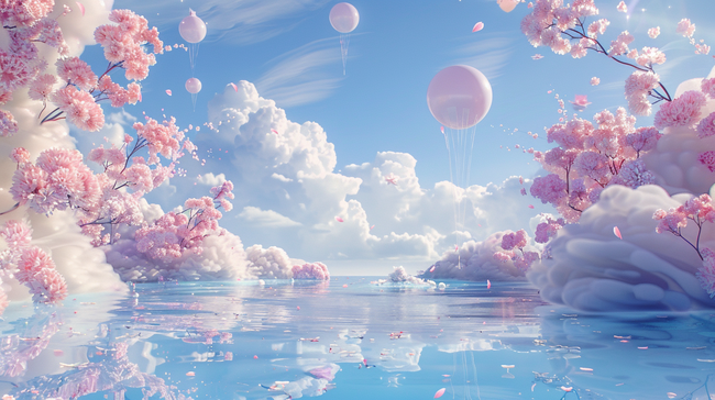六一水面上蓝粉色卡通3D花朵气球拱门素材图片