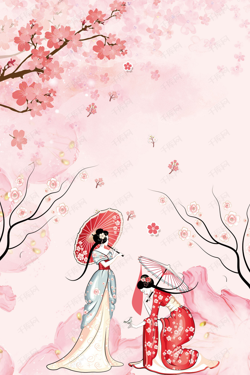 浅粉色唯美手绘古装美女樱花背景图片免费下载
