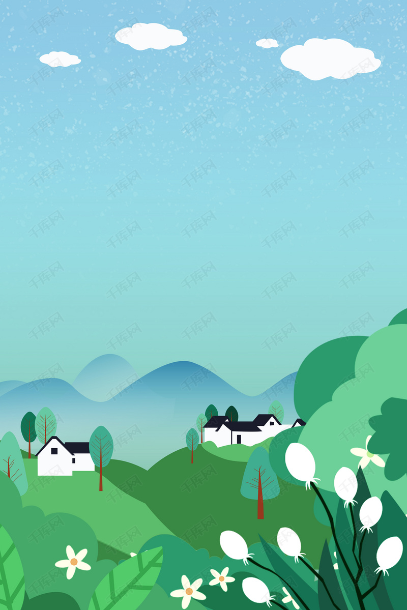 简约渐变色卡通绿色乡间风景背景图片免费下载