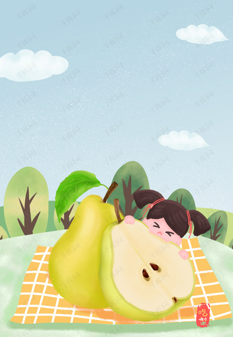 惊蛰节气可爱卡通吃梨小女孩海报背景图片免费