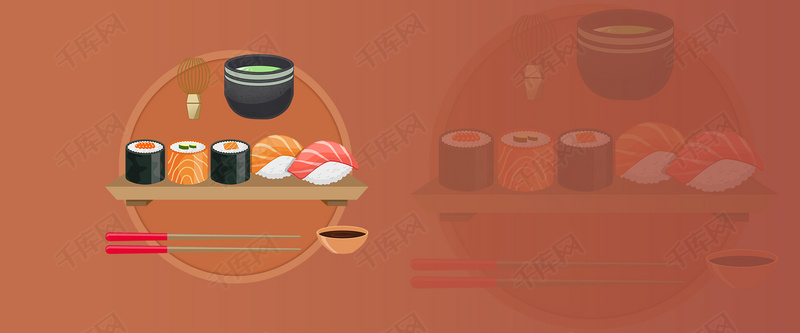 淘宝矢量卡通日本料理寿司茶具底纹海报背景图