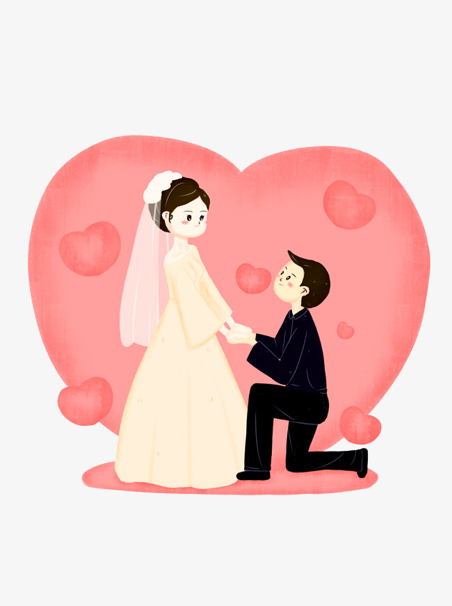 卡通手绘新郎新娘粉色西式浪漫婚礼结婚素材图