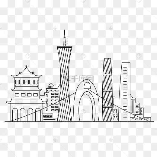 手绘广州城市建筑线稿图片