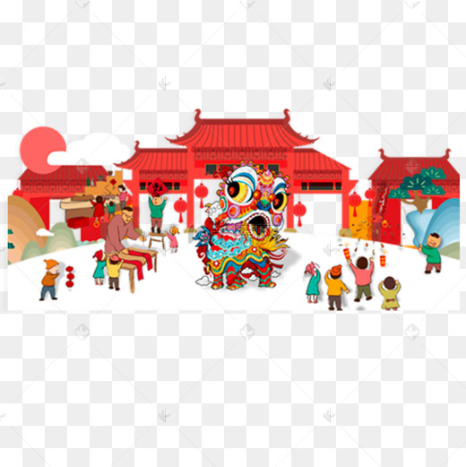 热闹的舞龙舞狮集市免抠图图片