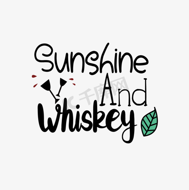 svg黑色卡通阳光和威士忌英文字母树叶插画图片