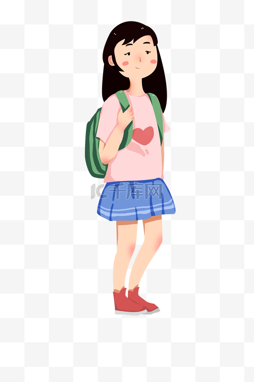 开学中学生女生背书包上学手绘图片