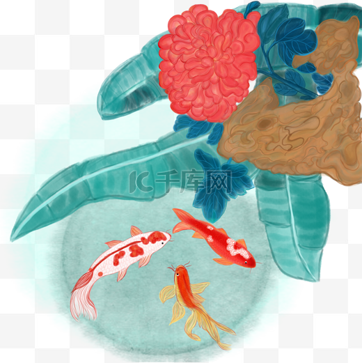 中国风水墨水彩工笔牡丹锦鲤手绘免抠高清图图片
