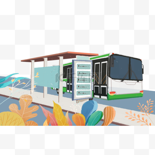 手绘卡通城市公共设施公交站绿色大巴插画免扣元素图片