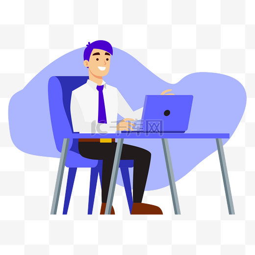 矢量简约紫色撞色清新风商务在办公桌前用电脑工作的人图片