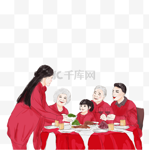 手绘卡通多人团圆饭图片