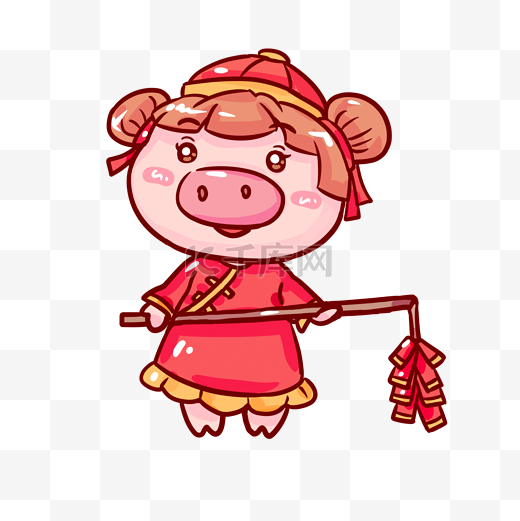 2019猪年快乐金童玉女小猪放鞭炮手绘卡通图片