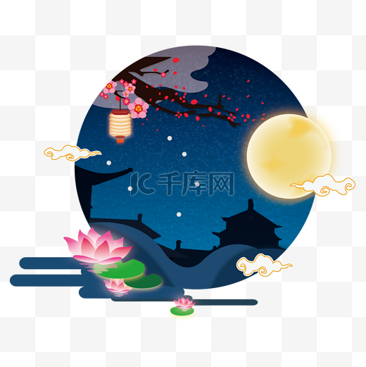 中秋佳节望月夜景插画图片
