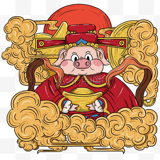 卡通手绘中国风福猪插画财神猪图片